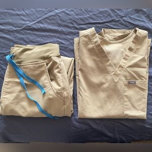 Figs Tan Scrub Set with Blue Tie